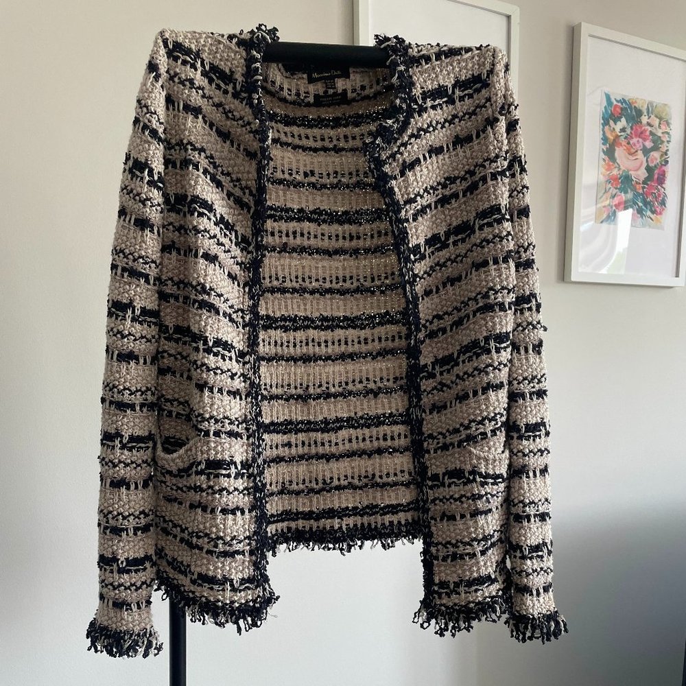 Massimo Dutti Tweed Black Cream Open Jacket